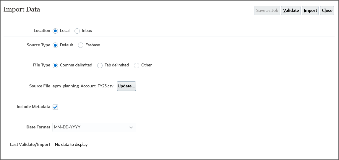 Selecting the import data file